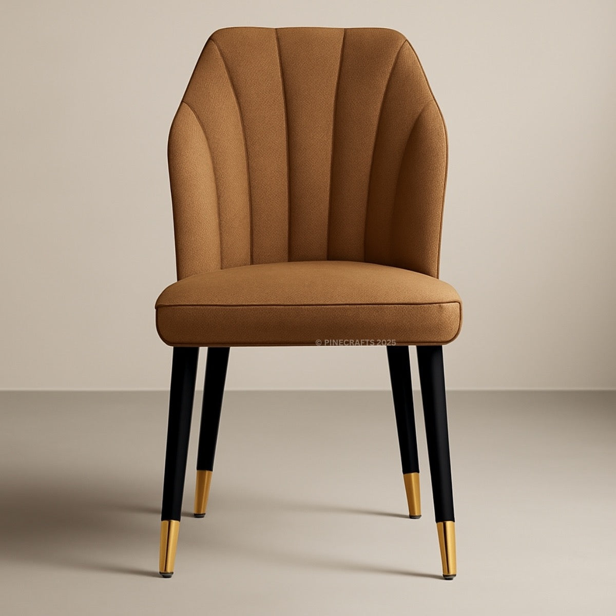 Brown upholstered chair with black legs and gold tips on a beige background